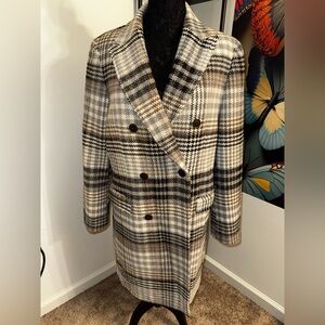 Express Plaid Pea Coat - Black, Gray, Cream